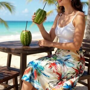 MILLY Watercolor Midi Scuba Knit Pencil Skirt Beige Ribbed Waistband Womens 4